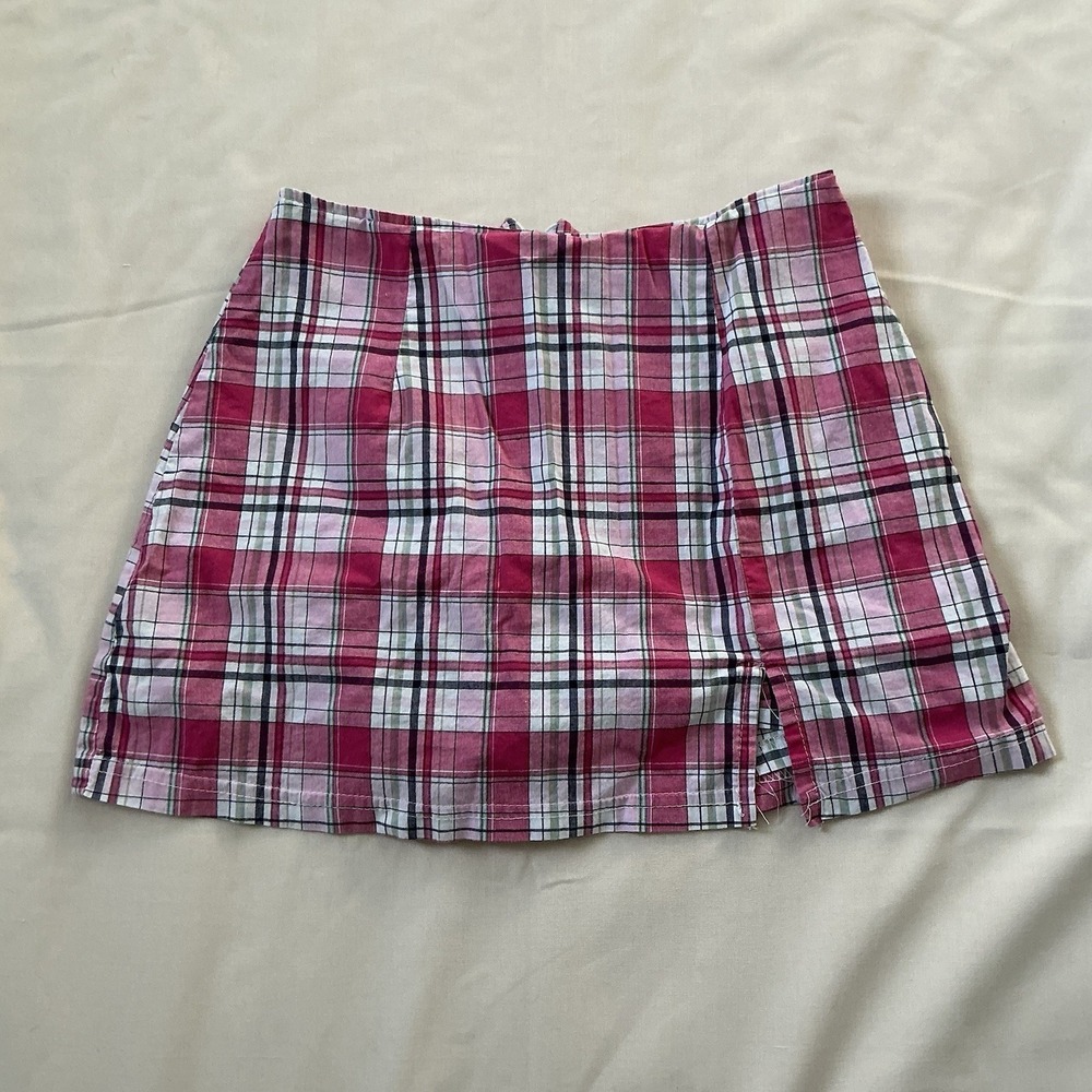 Venus Pink White Plaid Mini Skort Slit Size Small vintage 90s preppy retro